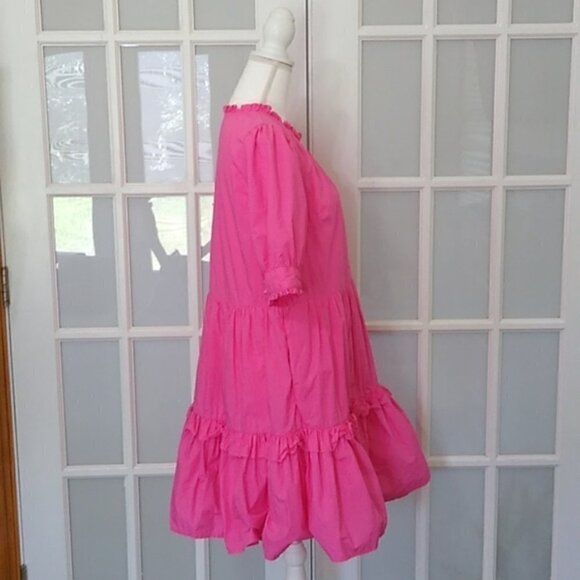 J. Crew Pink Ruffleneck Tiered Cotton 3/4 Sleeve Popover Dress - Picture 5 of 16